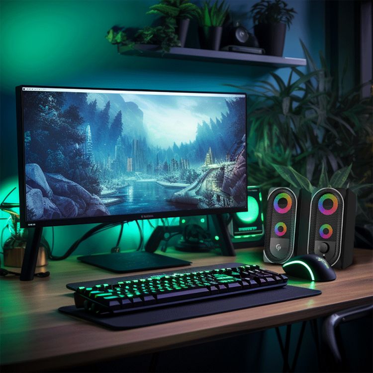 Porodo Gaming Stereo Speakers with RGB Light Effects, USB-A & 3.5mm Plugs, Volume Control Knob, 10W RMS Output, 1.2m Cable Length, Lightning Touch Sensor - Black