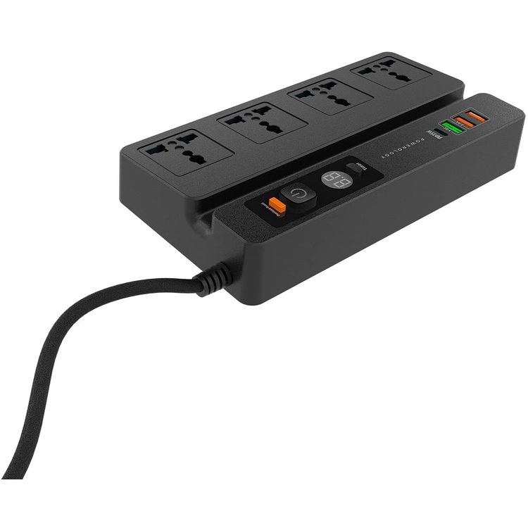 Powerology Universal Socket P65MPSBK 4 AC, 3 USB Ports & USB-C PD 35W Socket with Phone Stand and Timer - Black