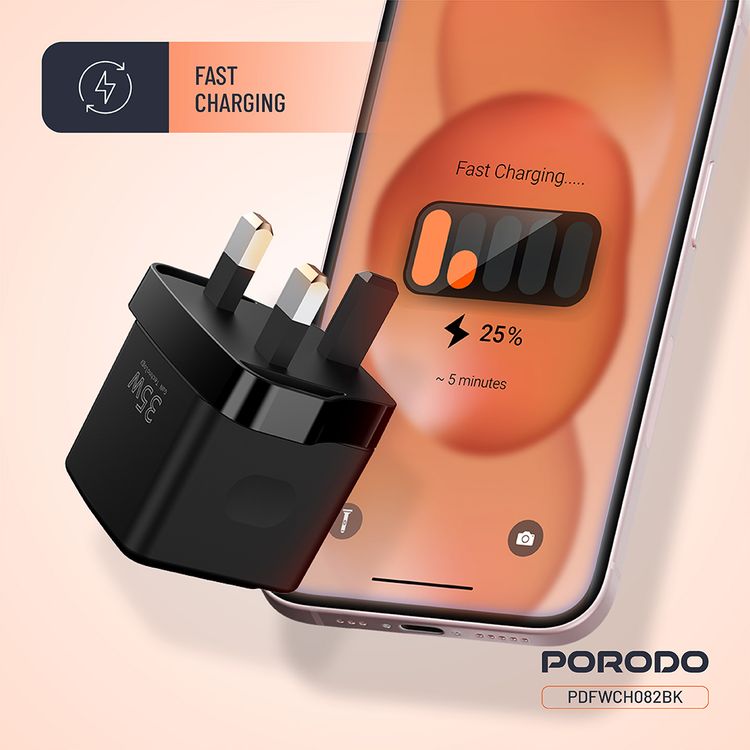 Porodo GaN Wall Charger with USB-A & USB-C Ports, 35W Power Delivery, Built-in Safeguards, Fast Charge Support, Multiple Device Charging, Digital Display - Black