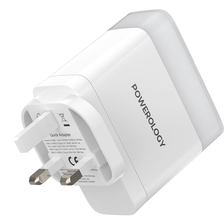 Powerology Lunex Series 3-Port Fast Charging Adapter with 100W PD USB-C Output, 18W QC USB-A Output, Multi-Device Charging, Powerful Laptop Charging, Universal Protocol Support - White