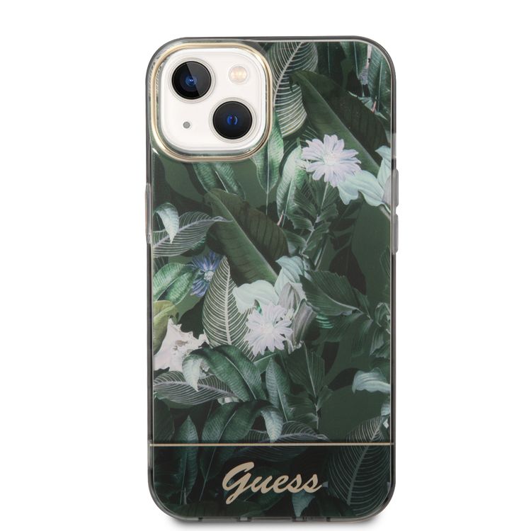 Guess PC/TPU IML Case with Double Layer Electroplated Camera Outline & Jungle Design iPhone 14 Compatibility - Green