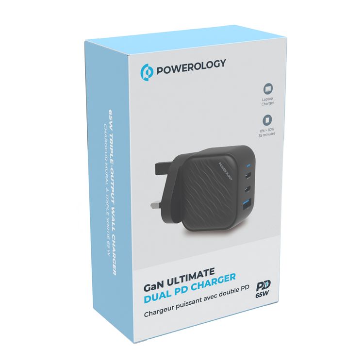 Powerology GaN Ultimate Dual PD Wall Charger with 65W Power Delivery, Compatible with Laptops, Quick Charge 3.0, Built-in Safeguard - Black