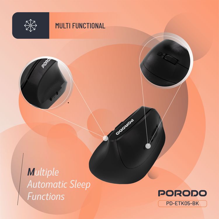 ماوس لاسلكي عمودي بدقة 4000 نقطة في البوصة من بورودو مع بطارية بسعة 500 مللي أمبير في الساعة، إصدار بلوتوث 5.1، نطاق فعال 10 أمتار، اتصال لاسلكي 2.4 جيجا هرتز، دقة قابلة للتعديل، توصيل وتشغيل، تصميم مريح - أسود