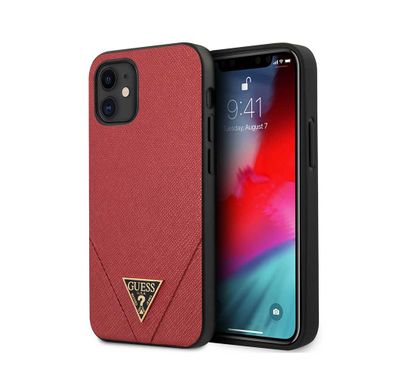 CG Mobile Guess PU Saffiano V Stitched w/ Metal Logo Case for iPhone 12 Mini (5.4") Officially Licensed, Shock Resistant, Scratches Resistant, Easy Access to All Ports, Cameras - Red