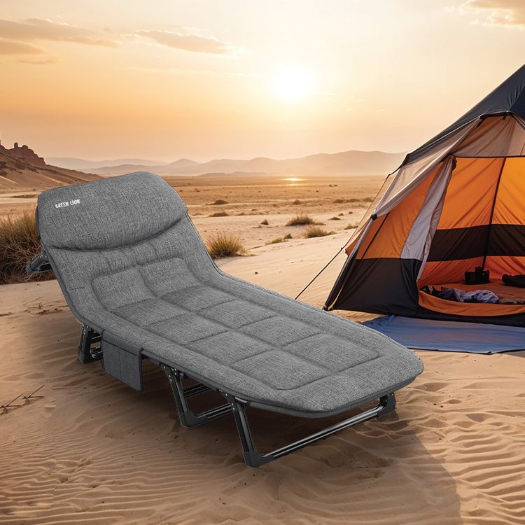 Green Lion Foldable Camping Bed, Up to 150kg Load Capacity, 6 Adjustable Backrest, Anti-Slip Feet, Comfortable Pillow, Easy Installation & Easy to Carry, Thickened Steel Frame - Gray Color