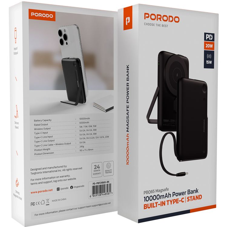 Porodo 10000mAh Power Bank with Built-in Type-C Cable & Stand, Strong Magnetic Hold, 20W Power Delivery, Fast Charging Support, 15W Wireless Output - Black