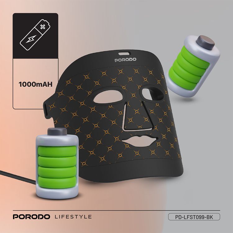 Porodo Lifestyle Red Light Therapy Face Mask with Portable Battery Connection, Type-C Charging Cable, 1000mAh Battery Capacity, 7-Color Light Therapy - Black