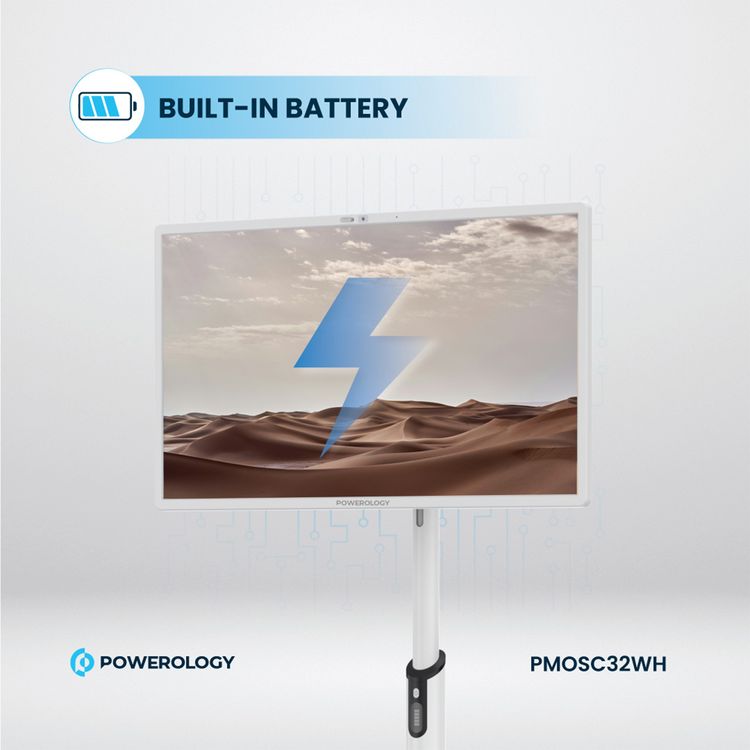 Powerology 32" Android Smart Screen with 1080P Full HD Resolution, 15000mAh Battery Capacity, Built-in Battery, 13MP Camera, 128GB Internal Storage - White 