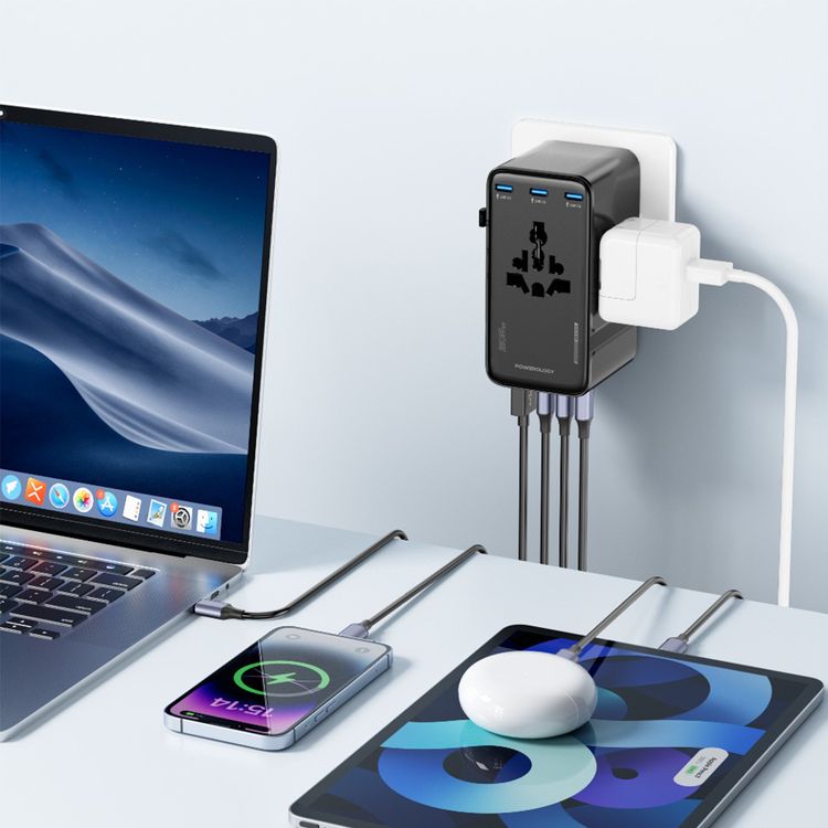 Powerology Spetrova GaN Multi-Port Universal Adapter, USA, AU, UK & EU Supported Plugs, 2500W Rated Power, Heat-Resistant Housing, Fast Charge Support, 1 × USB-A & 6 × USB-C Ports, 205W Total DC Output - Black