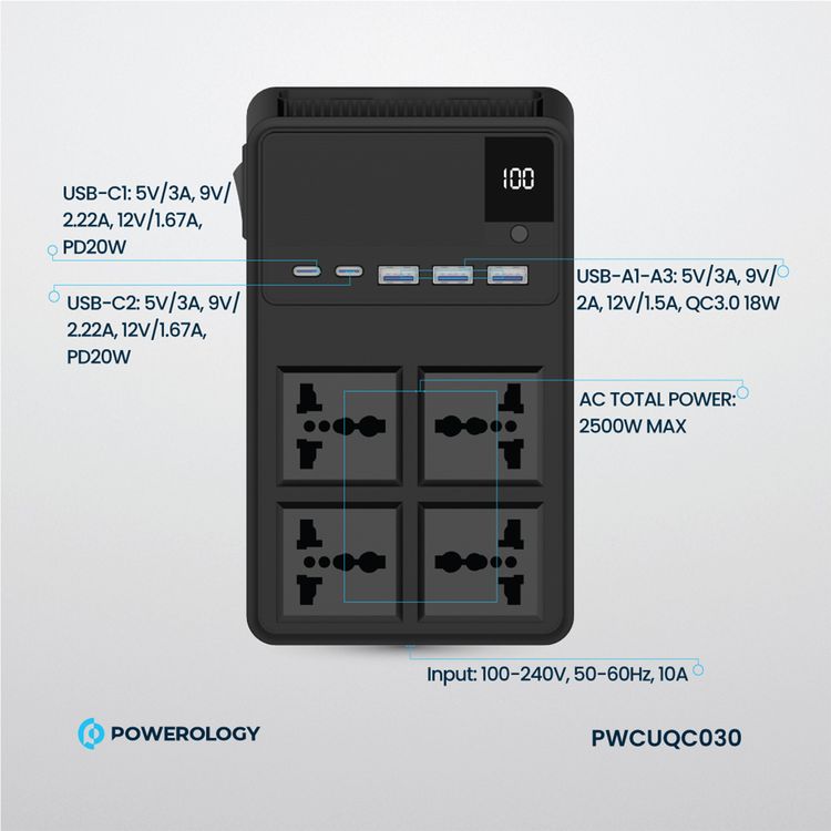 مشترك طاقة Powerology 2500 واط مع 4 مقابس تيار متردد وكابلات مدمجة قابلة للسحب، 5 منافذ USB، مخرجات USB-C وLightning، أدوات حماية مدمجة، مادة مقاومة للحريق، مؤقت 24 ساعة، شحن متزامن، طول الكابل 70 سم وطول سلك الطاقة 3 متر - أسود