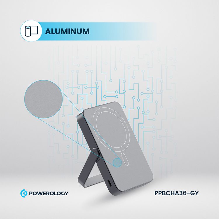 Powerology 10000mAh Magsafe Glass Surface Power Bank, Compact Design, Type-C & Wireless output, Integrated Stand, Aluminum Material, 20W Power Delivery, Cable-Free - Gray 