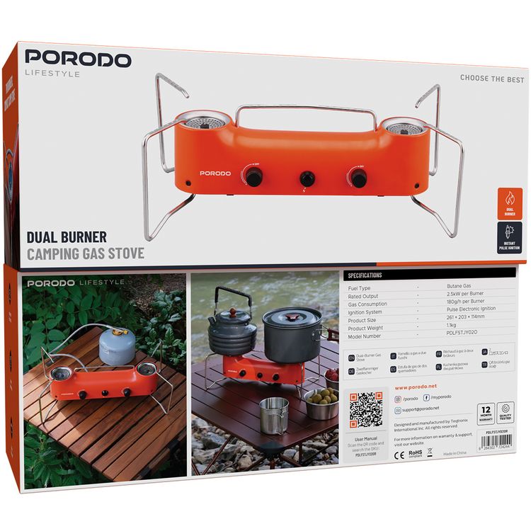 Porodo Dual Burner Camping Gas Stove with Independent Flame Control, Stable Pot Support, Low Fuel Consumption, Instant Pulse Ignition, 3.65kW per Burner Rated Output, 266g/h per Burner Gas Consumption, Butane Gas Fuel Type - Orange