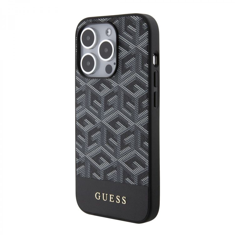 Guess Magsafe Leather Case with Gcube Stripe Pattern - Black - iPhone 15 Pro