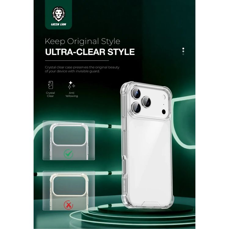 Green Lion Anti-Shock Case for iPhone 17 Pro, HD Clarity, Anti-Scratch, Air Cushion, Drop Protection, Hybrid Protection, Camera Protection, Comfortable Grip - Clear
