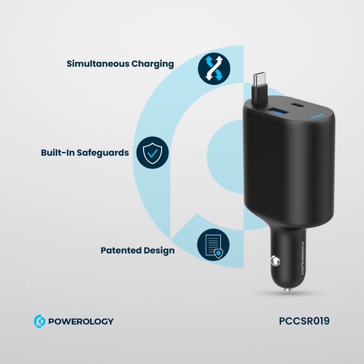 Powerology Retractable Car Charger with Simultaneous Charging, Built-In Safeguards, Patented Design, 1m Cable Length - Black 