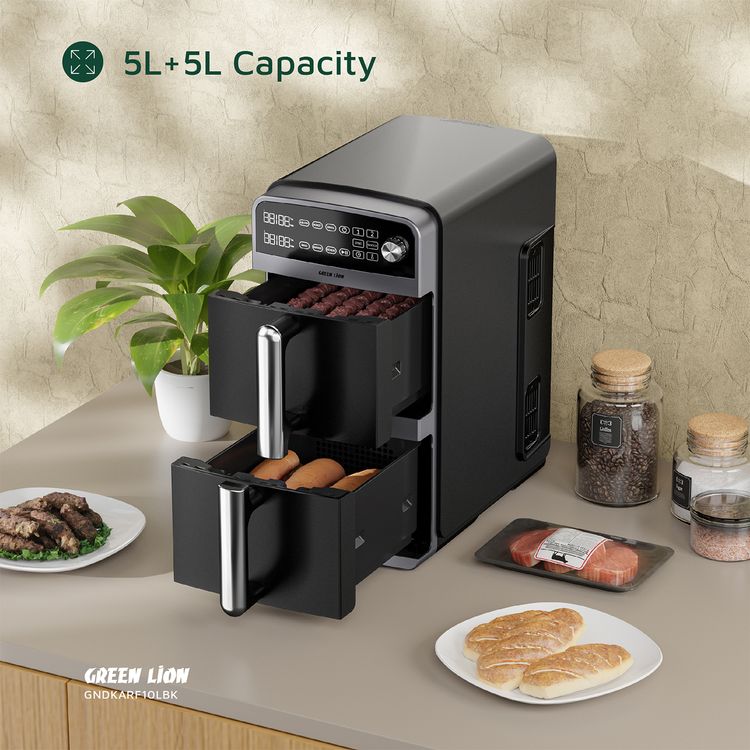 Green Lion Double Decker Air Fryer, 2400W, 110-240V,  50-60 Hz Frequency,  5L+5L Capacity, 0-200°C Temperature, Auto Function, Sync and Match Functions - Black