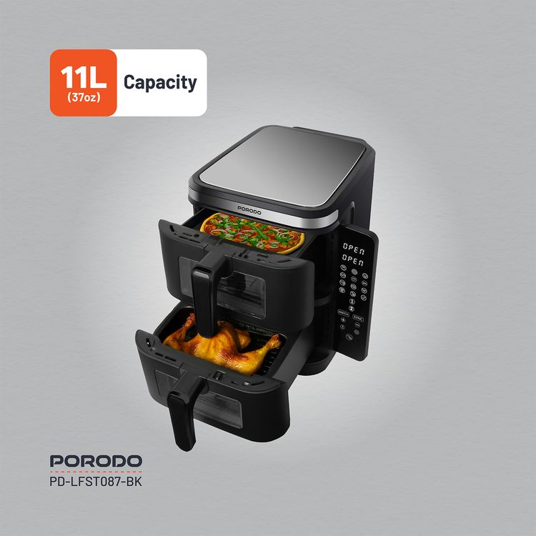 Porodo Lifestyle Double Stack Air Fryer, 11L Capacity, 2800W Power, 220-240V Voltage, 50-60Hz Frequency, 12 Presets, Touch Control - Black