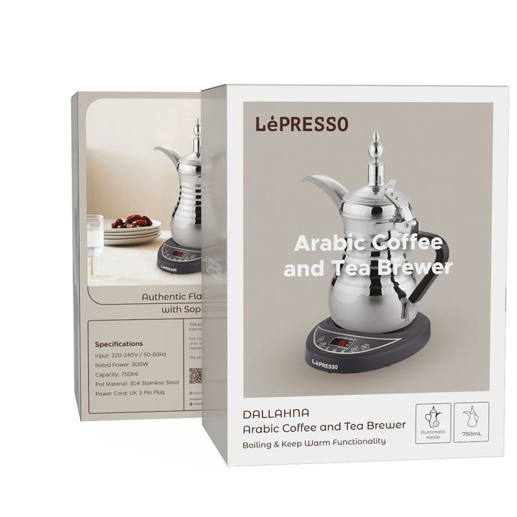 LePresso Arabic Coffee & Tea Dallah with 750mL Capacity, 800W Rated Power, Stainless Steel, Over-Heat Protection, Keep Warm Feature - Silver