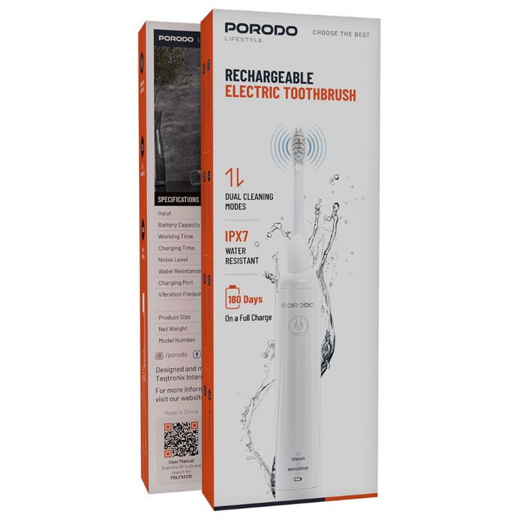 Porodo Rechargeable Electric Toothbrush with Dual Cleaning Modes, 250mAh Battery, USB-C Charging Port, 180 Days Working Time, Fast Recharge Time, Silent Operation - White