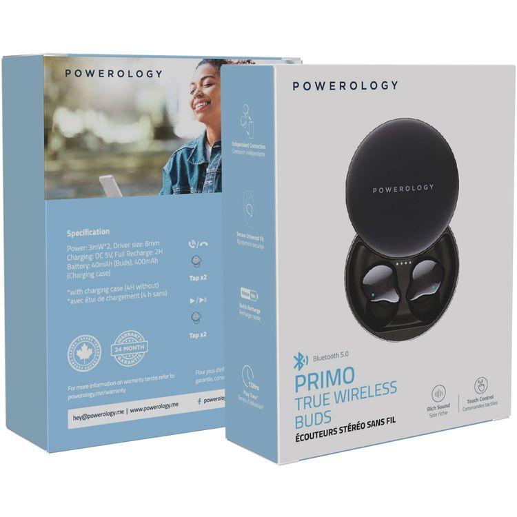 Powerology Primo True Wireless Earbuds with Up to 13 Hours of Playtime, Independent Connection, Bluetooth Version 5.0, Touch Control, 6mm Driver Size - Gray