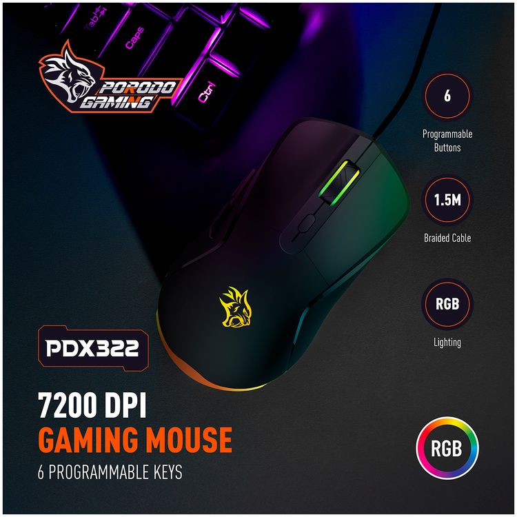 Porodo Gaming Wired Mouse with RGB Light, 7200 DPI, 3 Million Clicks Switch Life-time, 6 Programmable Buttons, 1.5m Braided Cable, 125Hz Polling Rate, Instant 725F Chip - Black