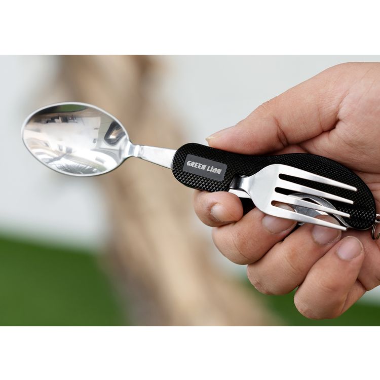 Green Lion 4 in 1 Cutlery Set with Innovative Design, Lightweight & Compact, Easy to Use, Spoon, Fork, Knife, Bottle Opener - Black