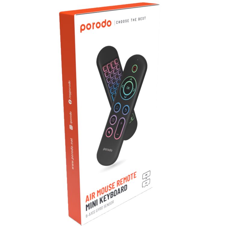 Porodo Air Mouse Remote and Mini Keyboard with 6 Axis Gyro Sensor, Arabic & English Layouts, 58 Full QWERTY Keyboard Keys, 3 Adjustable Level Mouse Pointer Movement, 250 mAh Battery Capacity - Black