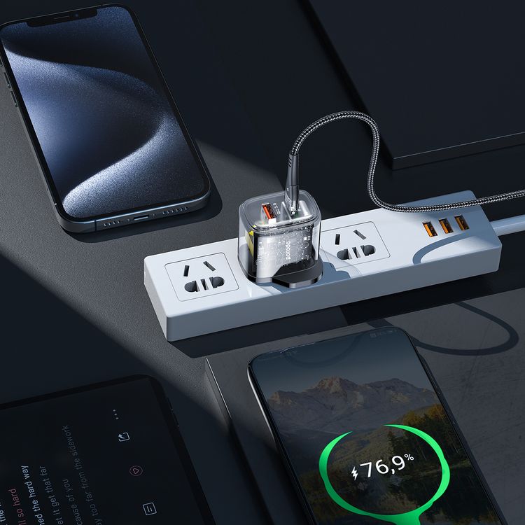 Porodo Dual Output Transparent Quick Charger with USB-C to USB-C Cable, 20W Power Delivery, Simultaneous Charging, 18W USB-A Output, 0%-60% Charge in 35 Minutes, Overheat Protection - Black