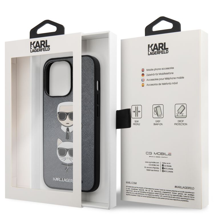 CG MOBILE Karl Lagerfeld PU Saffiano Case with Embossed Karl & Choupette Head Compatible for iPhone 13 Pro (6.1") Scratch Resistant, Easy Access to All Ports, Drop Protection