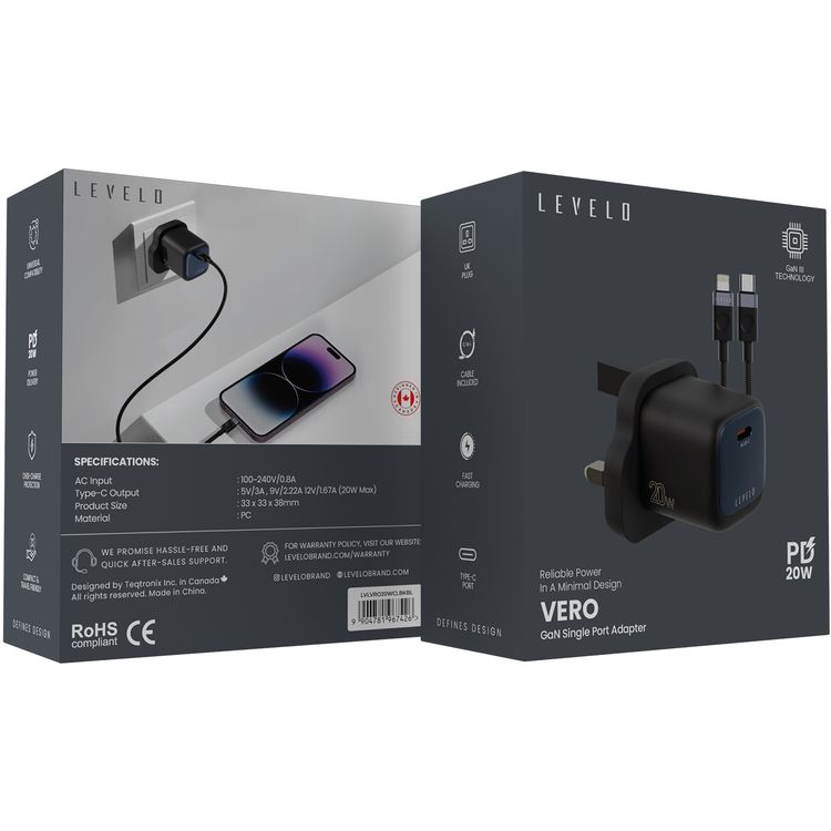 Levelo Vero 20W GaN UK Adapter with Type-C to Lightning Cable, Single Type-C Port, Durable Material, Fast Charging, Over Charge Protection, UK Plug - Black / Blue