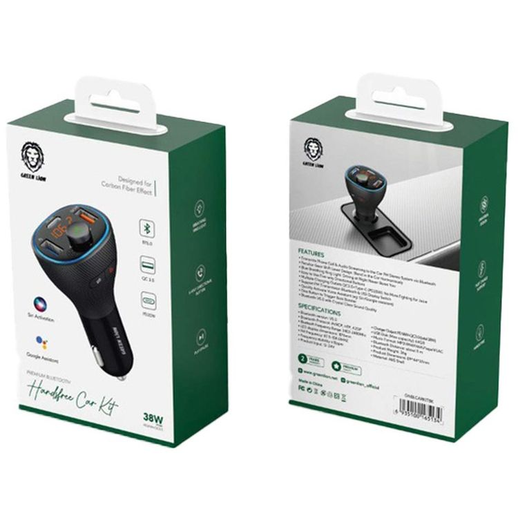 Green Lion Wireless Hands-Free Car Charger with Built-in FM Transmitter, Type-C & USB-A Ports, PD 20W & QC 3.0, Bluetooth Version 5.0, ABS Shell Material, 5m Bluetooth Range, Fast Charging, Buttons Control - Black