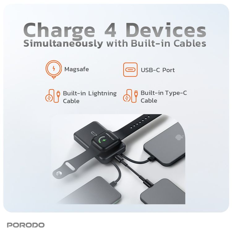 بورودو بنك طاقة لاسلكي مغناطيسي بسعة 10000 مللي أمبير مع حامل كابل مدمج USB-C + Lightning، شحن متزامن، عرض رقمي، PD 22.5W - أسود