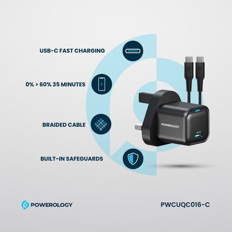 Powerology Ultra-Compact GaN Charger With USB-C to USB-C 60W Cable, 20W Power Delivery, Built-in Safeguard, 1.2m Cable Length - Black