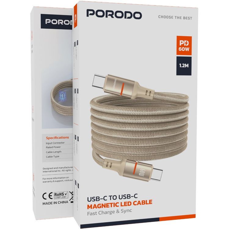 Porodo Type-C to Type-C Magnetic Braided Cable with 60W Power Delivery, 1.2m Cable Length, More than 15,000 Bends Lifespan, Tangle-Free Design - Gold