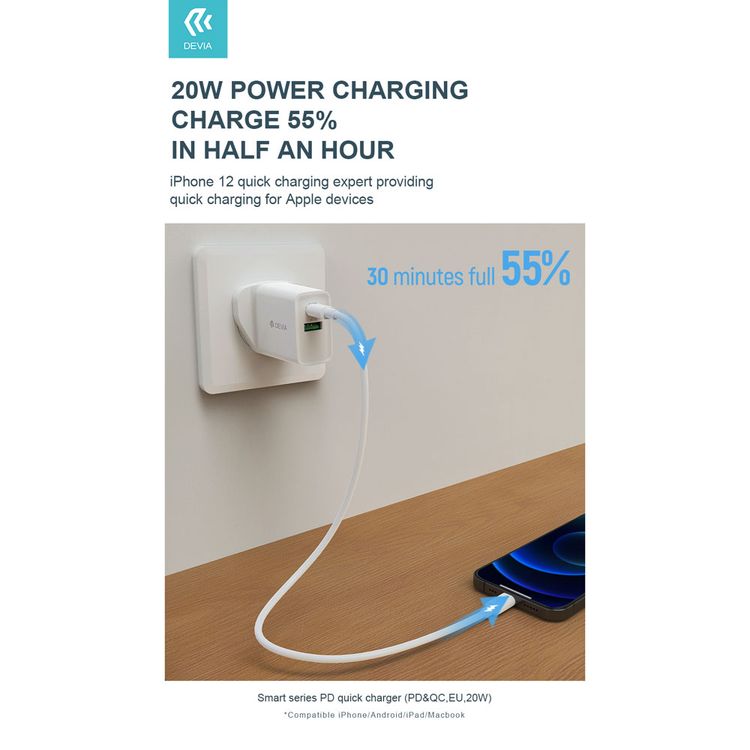 Devia Smart Series PD & QC Quick Charger UK 20W with Type-C to Lightning Cable 1M + USB to Type-C Cable 1M - White