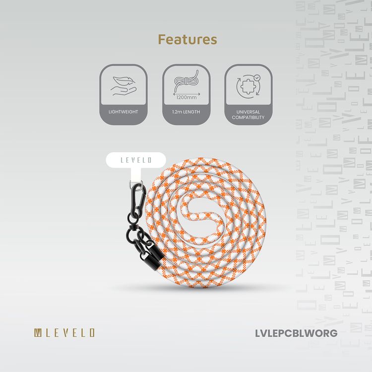 Levelo Everly Phone Crossbody Lanyard, 1.2m, Polyester Fiber, Metal Finish, Lightweight, Durable Material, Adjustable Straps, Universal Compatibility, Hypoallergenic Material - Orange / White