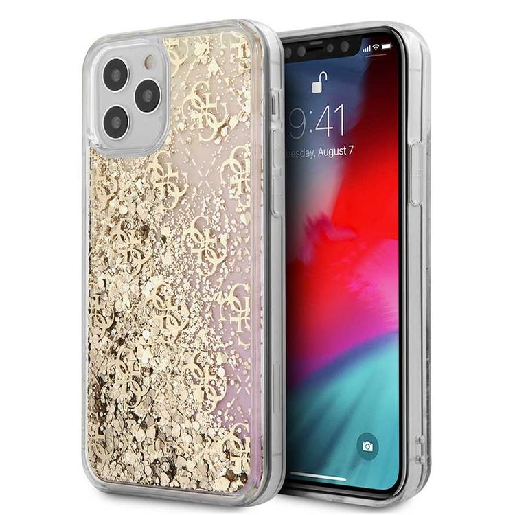 CG Mobile Guess Liquid Glitter 4G Pattern Gradient Background for iPhone 12 Pro Max (6.7") Shock & Drop Protection Suitable with Wireless Chargers Officially Licensed - Gold