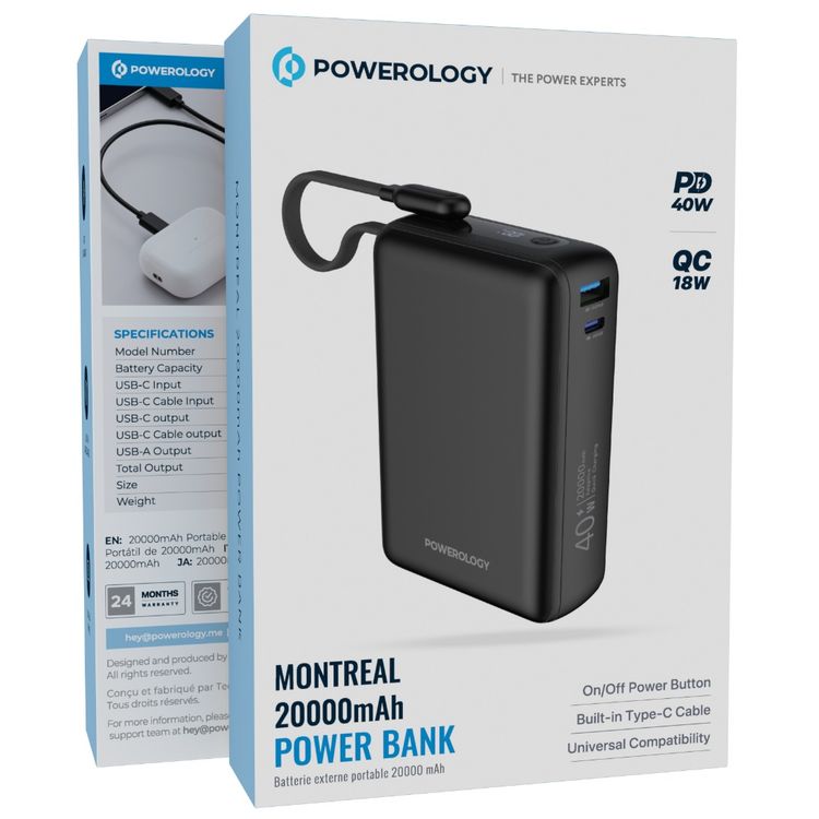 Powerology Montreal 20000mAh Power Bank with Type-C Cable, PD 40W, QC 18W, USB-A & USB-C Ports, Fast Charging, Built-in Safeguards, Display Panel -Black