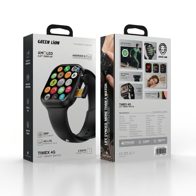 Green Lion Timex 4G Smart Watch with 2.07" AMOLED Display, Android 8.1 Operating System, Activity Tracking, Hands-Free Video Calling, 180° Rotating Camera, Real-Time Notifications, Nano Sim Card Slot, 2 Days Working Time - Black