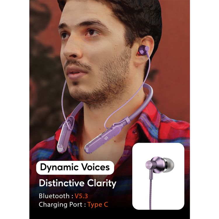 Porodo Soundtec SV Pro Neckband Earphones ENC with 5 Voice Effect Modes, Magnetic Earbuds, 250mAh Battery Capacity, Up to 30 Hours Playtime - Purple