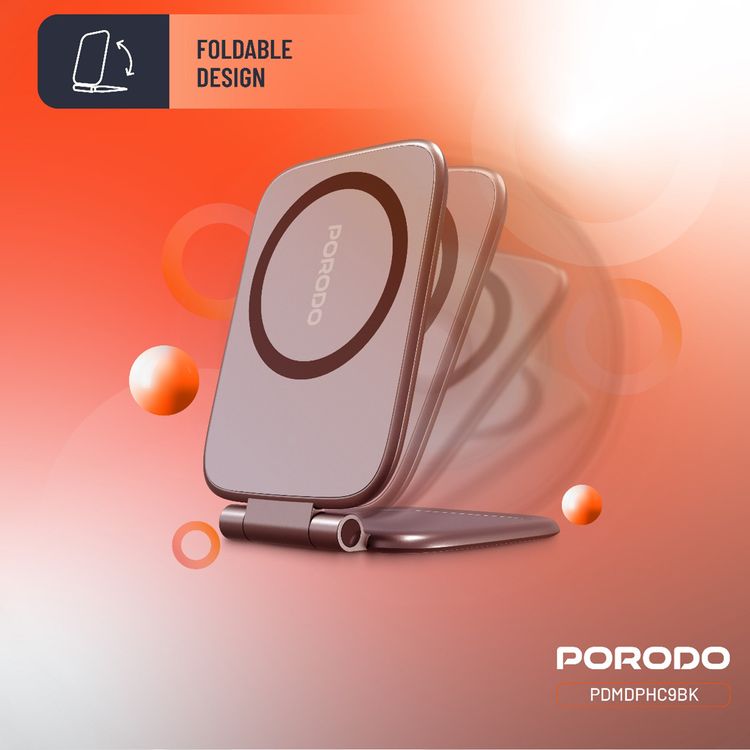 Porodo Magnifold Ultra-Slim Phone Holder for Multiple Device Compatibility, N52 Magnet Type, 350g Load Weight, Powerful Magnetic Hold - Black