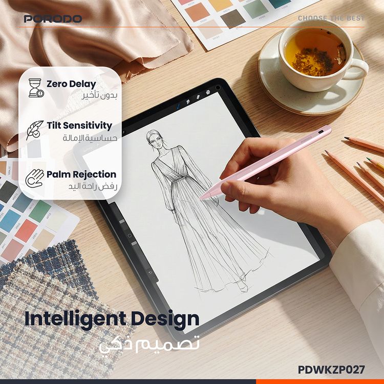 قلم Porodo مغناطيسي لأجهزة iPad، مقاس ريشة 1.2 مم، وقت عمل مستمر يصل إلى 9 ساعات، مصنوع من سبيكة الألومنيوم، منفذ شحن USB-C، بطارية 130 مللي أمبير في الساعة، متوافق مع موديلات iPad من 2018 إلى 2024، بدون تأخير، شحن سريع - وردي