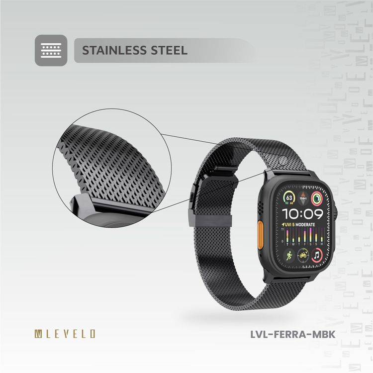 Levelo Ferra Milanese Watch Strap with Adjustable Length, Compatible with 49/46mm Smartwatches & Apple Watch SE, Series 9, 8, 7, 6, 5, Hypoallergenic Material, 24/7 Wearability, Water-Resistant, Anti-Oxidation Technology - Matte Black