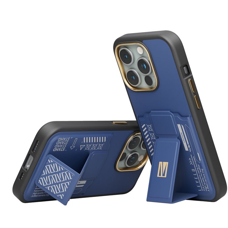 Levelo Morphix Cuero Gripstand Case for iPhone 15 Pro with Cardholder, Multi-Positioning Modes, PU Leather Material, Shock-Proof Edges - Blue