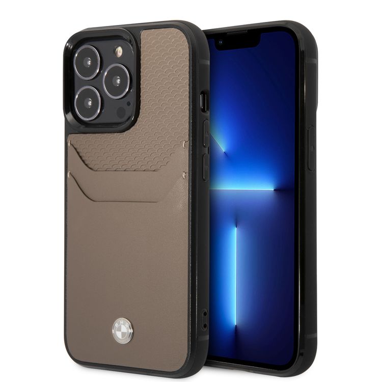 BMW Signature Collection Genuine Leather Case With Cardslot Embossed Pattern - iPhone 14 Pro - Taupe