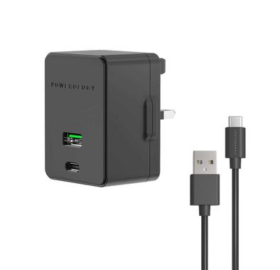 Powerology Dual Port Ultra-Quick PD Charger 36W with Type-C Cable 1.2m - Black	