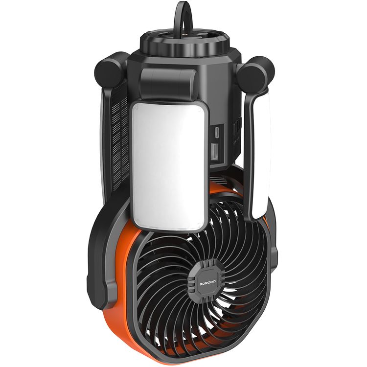 Porodo Suncharge Outdoor Solar Fan with LED Lighting & Power Bank Function, 3 LED Brightness Levels, 4 Speed Settings, Foldable Hanging Hook, 150°Auto Oscillation, Up to 30 Hours Working Time, 6000mAh Battery, 5W Rated Power - Black / Orange