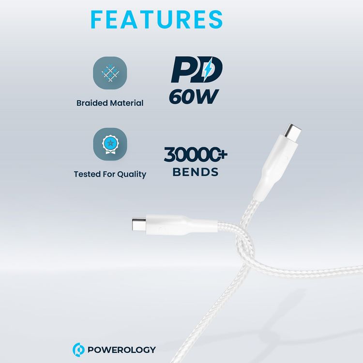 باورولوجي كابل مضفر من USB-C إلى USB-C مع توصيل طاقة 60 واط، بطول 30 سم، متوافق عالميًا، شحن سريع ونقل بيانات - أبيض.