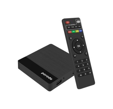 Porodo Android TV Box Video Streaming with 1080P Full HD, 8GB Storage, 1GB RAM,  Quad-Core, HDMI, 2× USB 2.0, RJ45, AV Output, Unlimited Streaming, UK 3-Pin Power Plug - Black