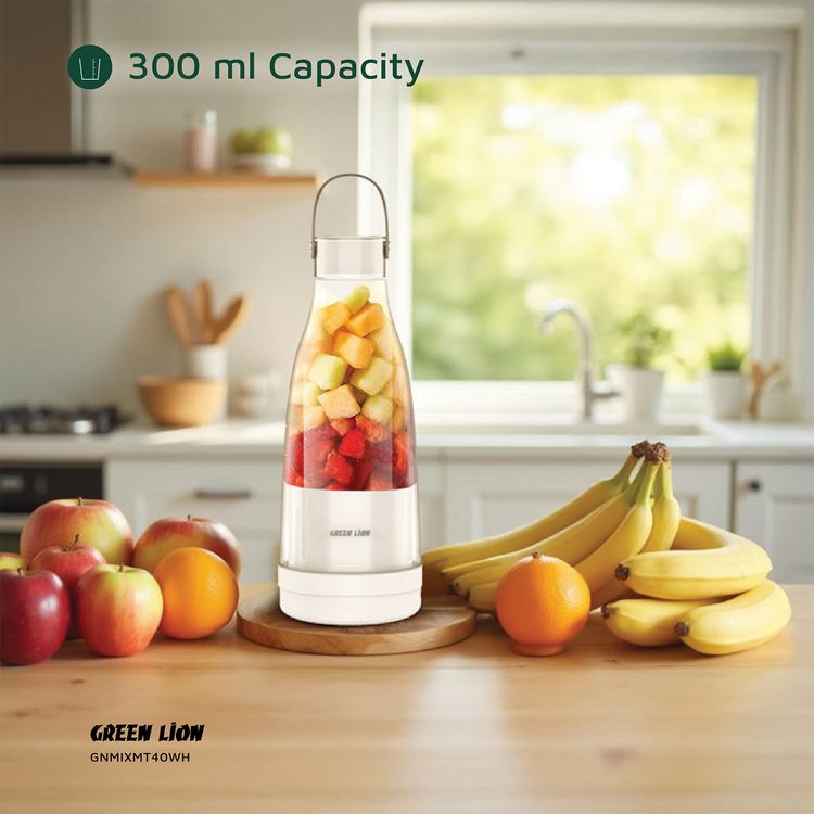 Green Lion Mix Mate Portable Juicer with 300mL Capacity, 1500mAh Battery Capacity, BPA Free PET Jar Material, Stainless Steel Blade Material, Type-C Charging Port, 3-4 Hours Charging Time - White